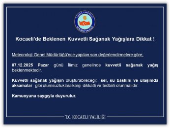 Kocaeli'de Kuvvetli Yağış Uyarısı 